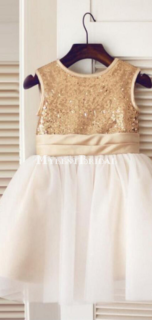 Gold Sequin Simple Cutest  Cheap Soft Pretty Flower Girl Dresses With Bow, FGY0121
