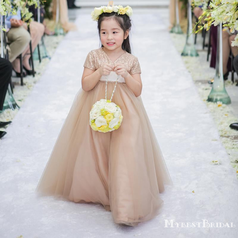 Newest V-neck Short Sleeve Champagne Tulle Long Cheap Flower Girl Dresses, FGS0005
