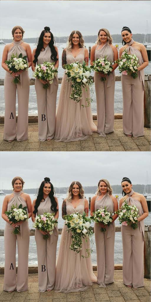Sleeveless Halter Long Chiffon Bridesmaid Jumpsuit,Cheap Bridesmaid Dresses,WGY0348