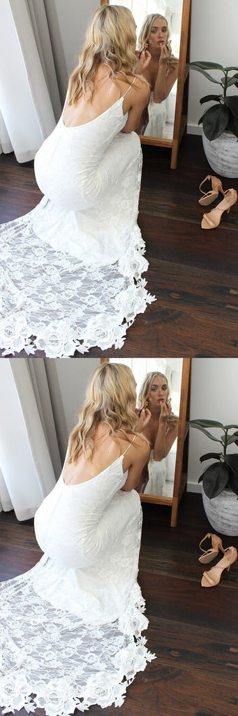 Gorgeous Straps V-neck White Lace Long Side Slit Wedding Dresses, Bridal Dress WDY0168