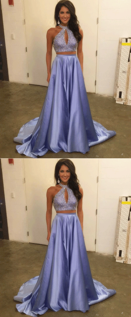 Two Piece Beaded Purple Satin Prom Dresses ,Cheap Prom Dresses,PDY0428