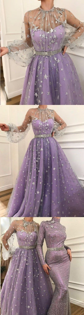 High Neck A-line Sparkly Star Lace Lilac Long Prom Dresses,Cheap Prom Dresses,PDY0527