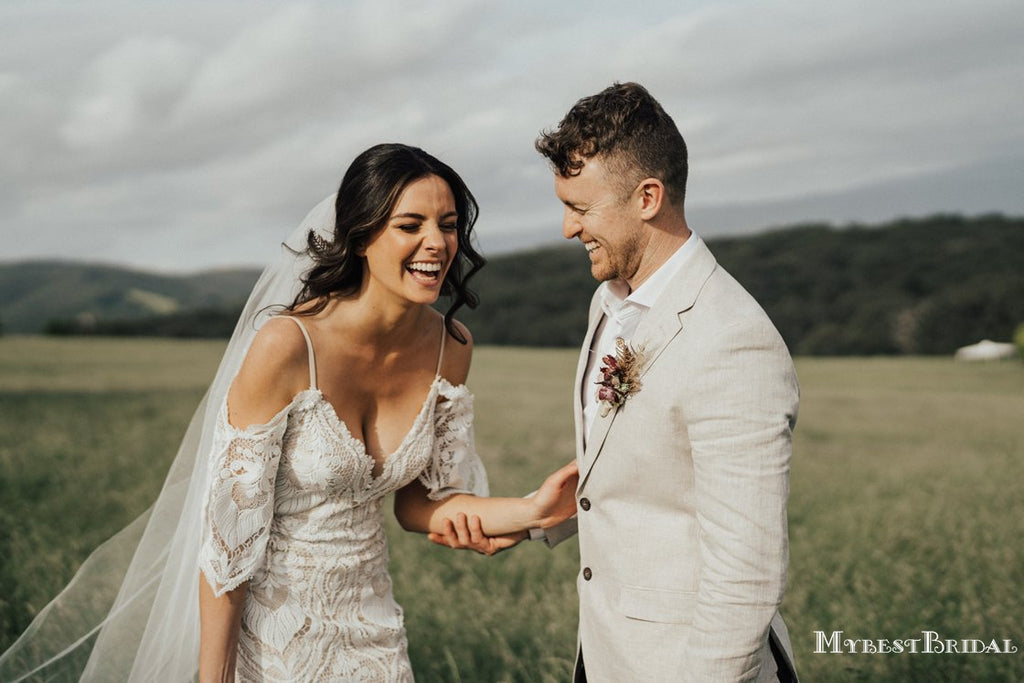 Romantic Spaghetti Straps V-neck Lace Mermaid Long Cheap Wedding Dresses, WDS0012