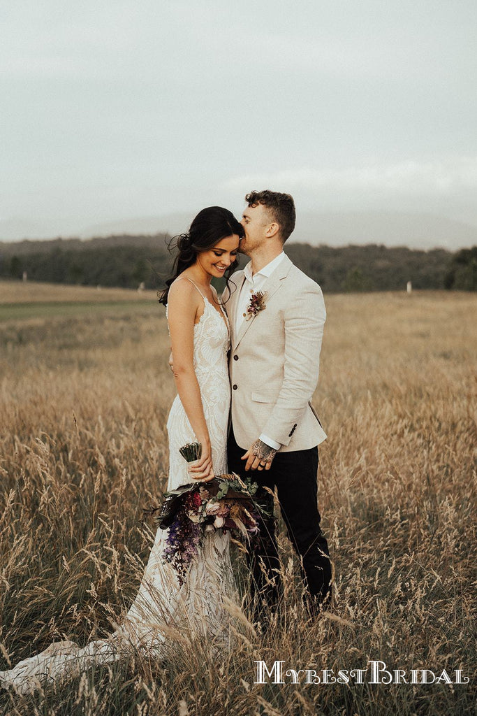 Romantic Spaghetti Straps V-neck Lace Mermaid Long Cheap Wedding Dresses, WDS0012