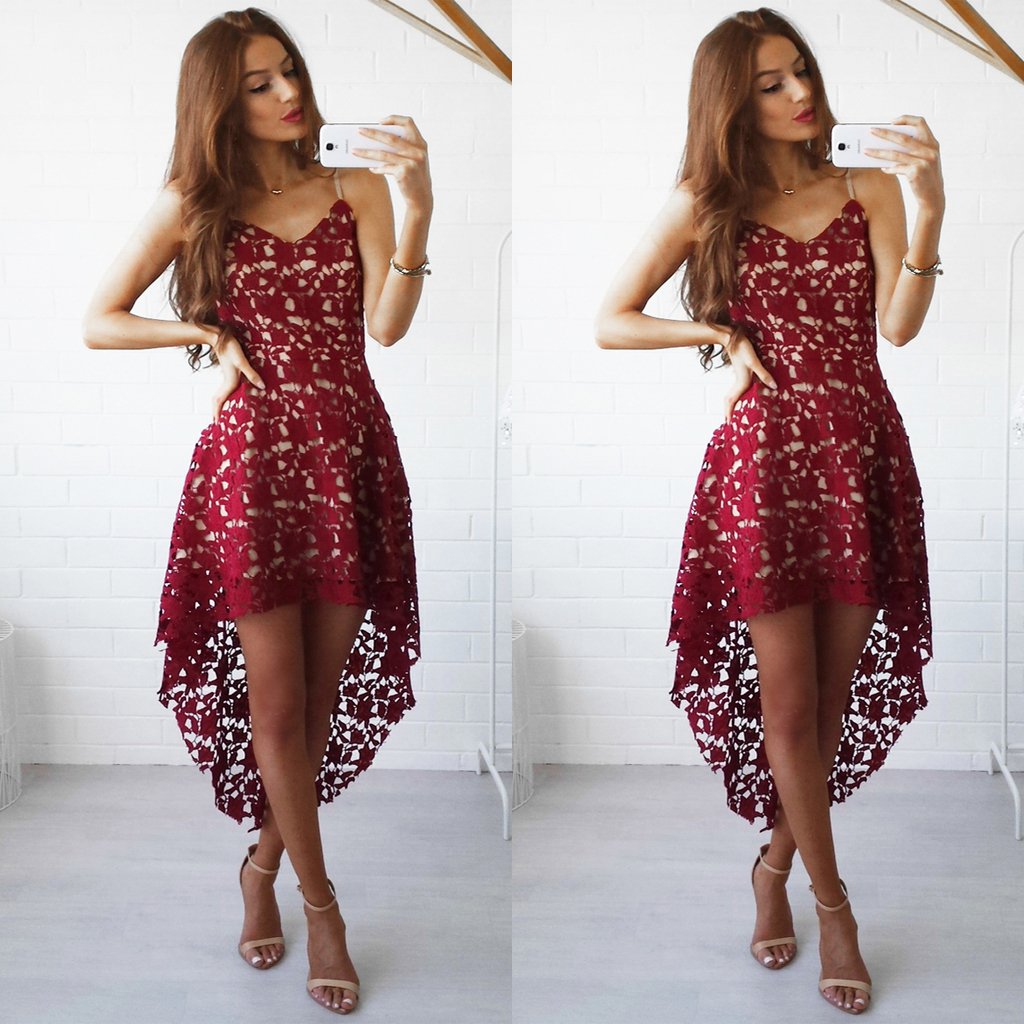 High-Low Lace Sleeveless Semi-Formal Dress With Belt, Homecoming Dress,BDY0155