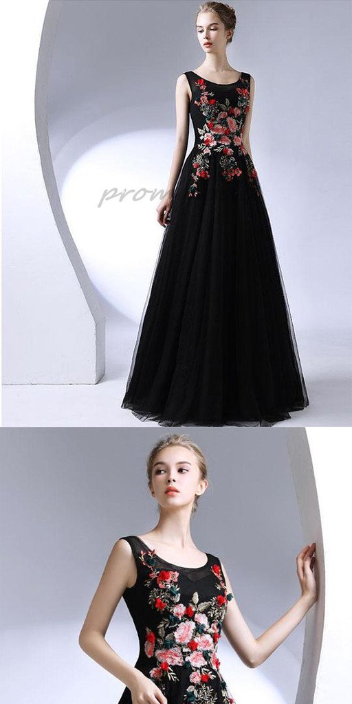 Blcak Round Neck Long Prom Dresses With Embroidery, Evening Dresses,Party Dresses,PDY0350