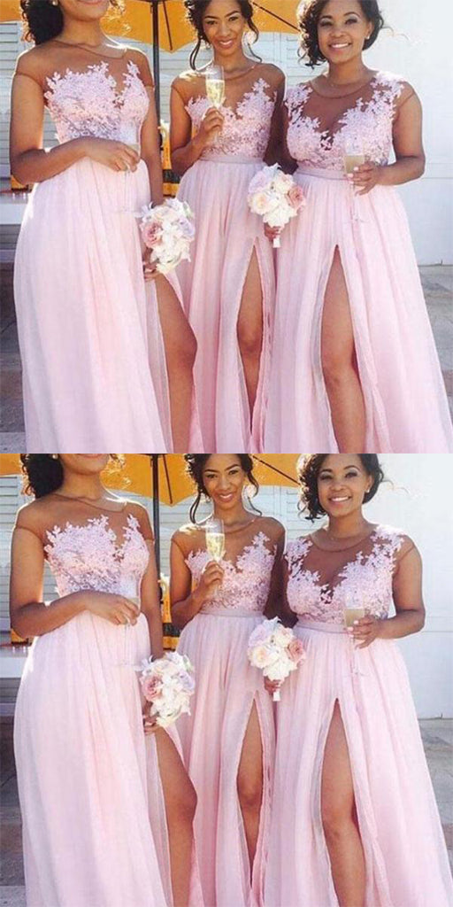 Cheap Lace Applique Pink Chiffon Slit Long Bridesmaid Dress,Cheap Bridesmaid Dresses,WGY0202