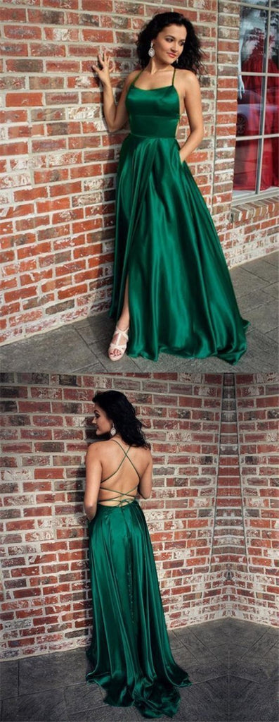 Green Satin Prom Dresses, Side Slit Prom Dresses, Cheap Prom Dresses, Long Prom Dresses, BG0418