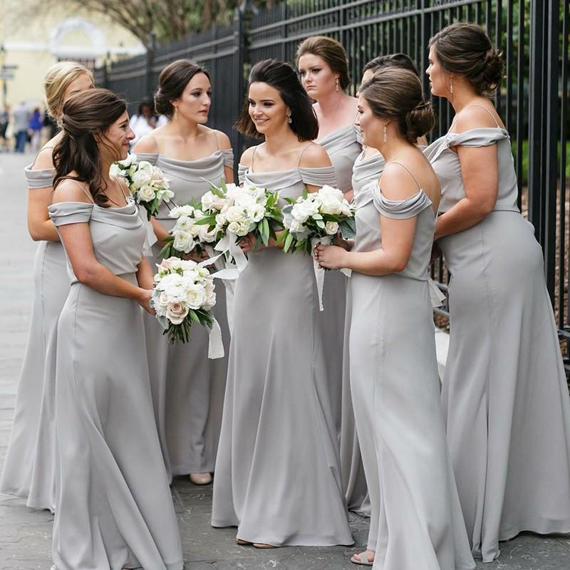 Off Shoulder Spahgetti Straps Grey Chiffon Long Bridesmaid Dresses Online, WGY0280