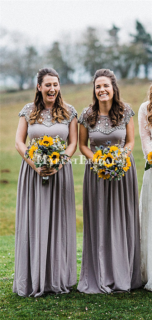 Unique Cap Sleeve Gery Top Beaded A-line Long Cheap Bridesmaid Dresses, BDS0128