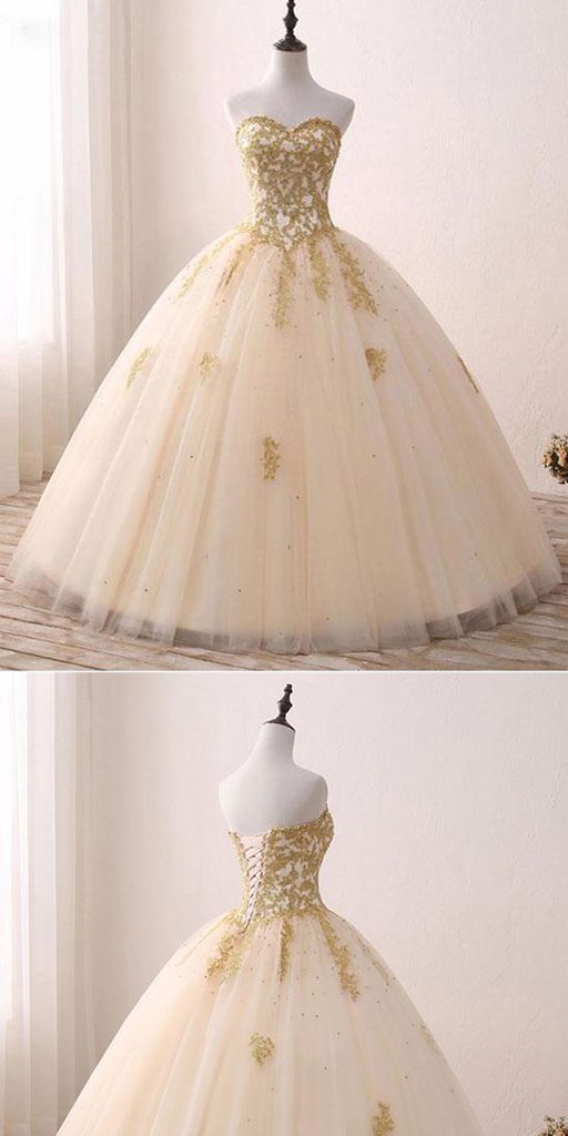 Sweetheart A-line Beaded Gold Lace Prom Dress ,Cheap Prom Dresses,PDY0412