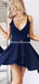 A-Line V-Neck Navy Blue Homecoming Dress with Sash ,Short Prom Dresses,BDY0346