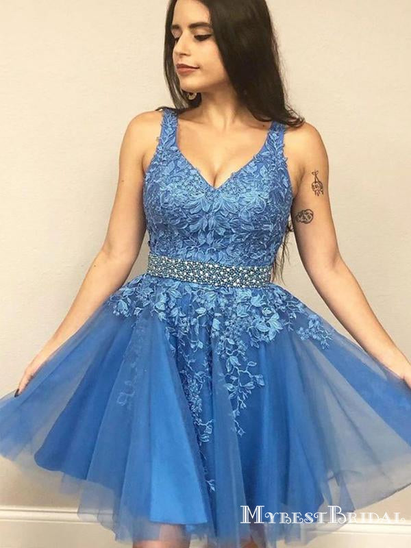 New Arrival V-neck Blue Tulle Lace Appliqued A-line Short Cheap Homecoming Dresses, HDS0014
