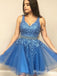 New Arrival V-neck Blue Tulle Lace Appliqued A-line Short Cheap Homecoming Dresses, HDS0014