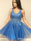 New Arrival V-neck Blue Tulle Lace Appliqued A-line Short Cheap Homecoming Dresses, HDS0014