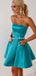 A-Line Strapless Blue Satin Homecoming Dress with Pockets,Short Prom Dresses,BDY0358