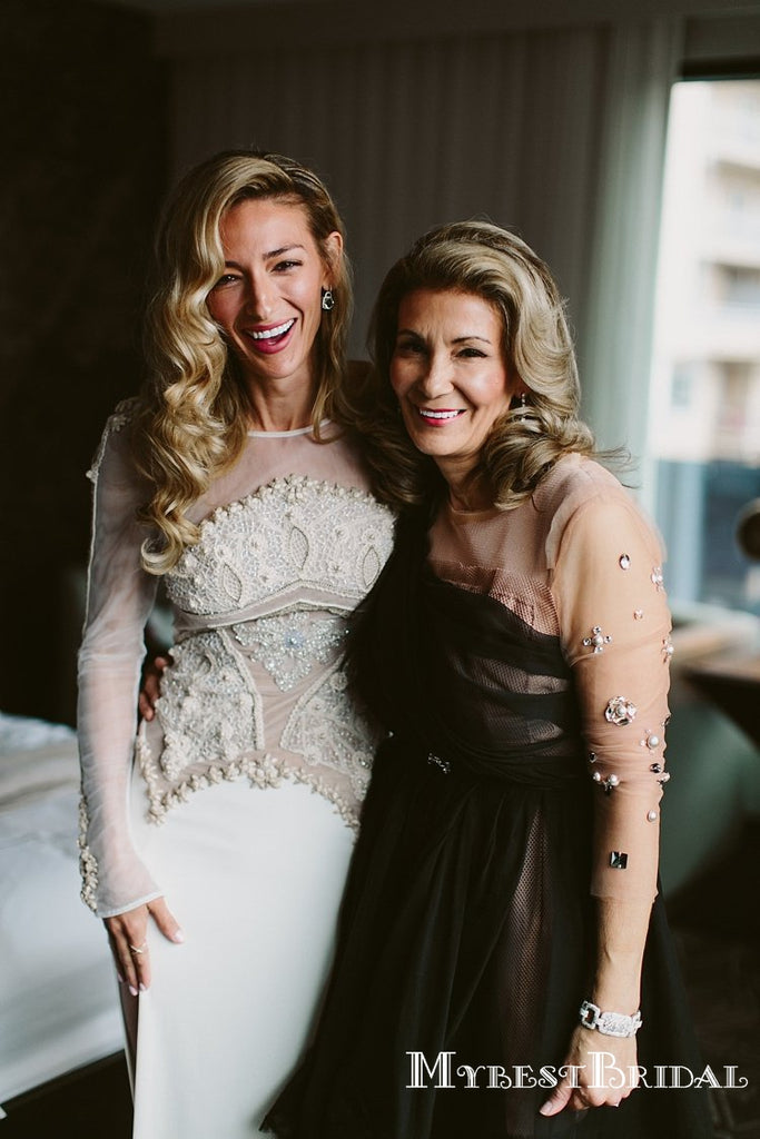 Long Sleeves Round Neck Ivory Side Slit Lace Appliqued Mermaid Long Cheap Wedding Dresses, WDS0003