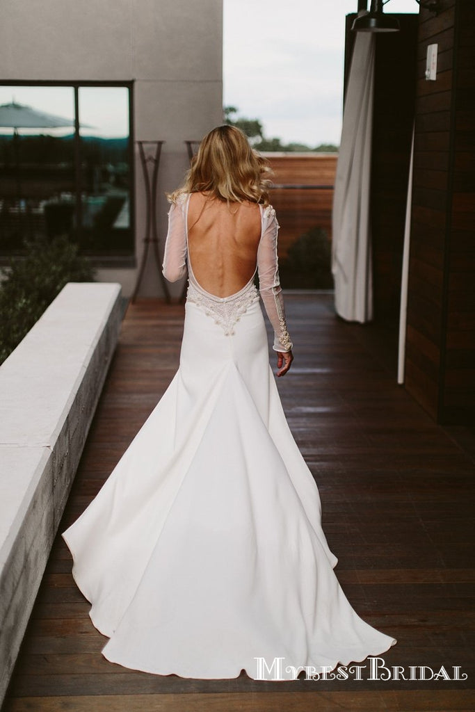 Long Sleeves Round Neck Ivory Side Slit Lace Appliqued Mermaid Long Cheap Wedding Dresses, WDS0003