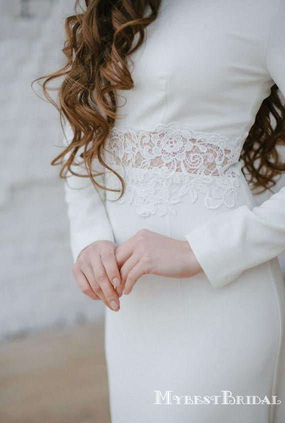 Charming Elegant Bateau Long Sleevees Sheath Wedding Dresses With Appliqued Waist, TYP0095