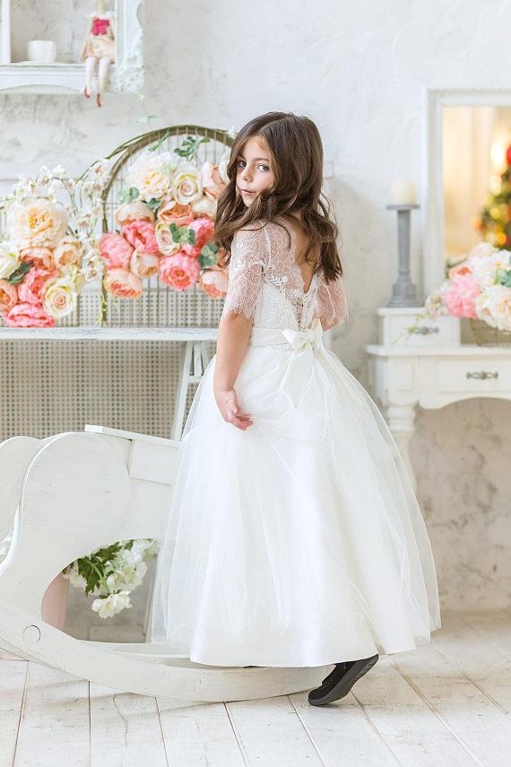 White Long Sleeves  A-line Tulle & Lace Flower Girl Dress,Cheap Flower Girl Dresses,FGY0183