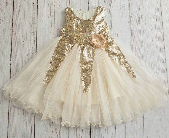 Ivory Tulle & Gold Sequin Flower Girl Dresses,Cheap Flower Girl Dresses ,FGY0164