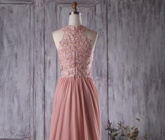 Lace Top See Through Dusty Rose Long A-line Chiffon Prom Bridesmaid Dresses, BG0239