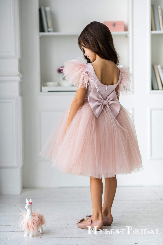 Cute Bateau Cap Sleeves Lilac Tulle A-line Short Cheap Flower Girl Dresses, FGS0013