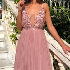 Sexy Deep V-neck Spaghetti Strap Pink Tulle Charming Elegant A-line Long Cheap Prom Dresses, TYP0136
