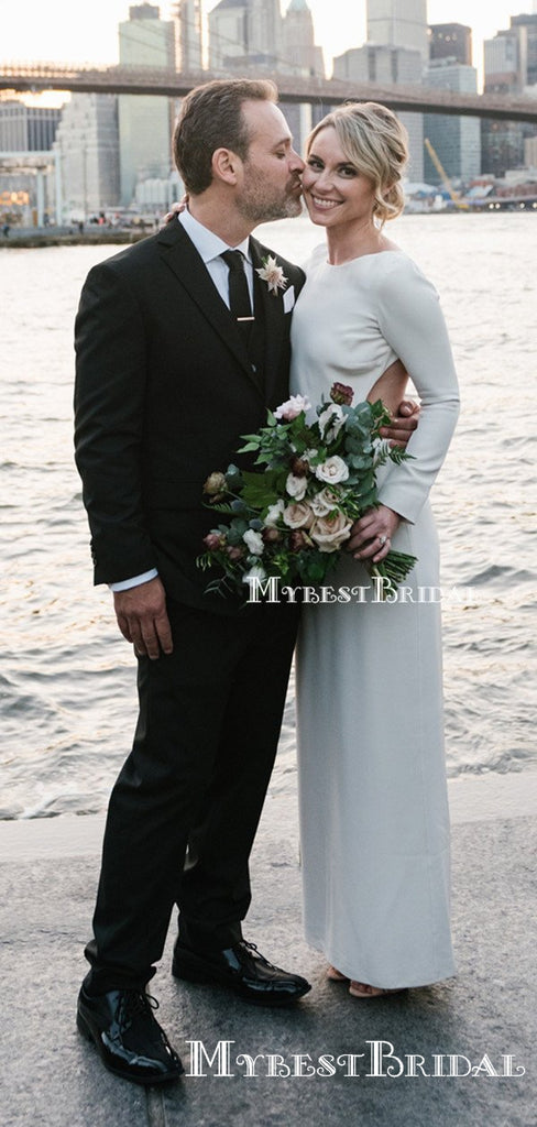 Long Sleeves Sexy Backless Scoop Sheath Long Cheap Simple Charming Wedding Dresses, TYP0100