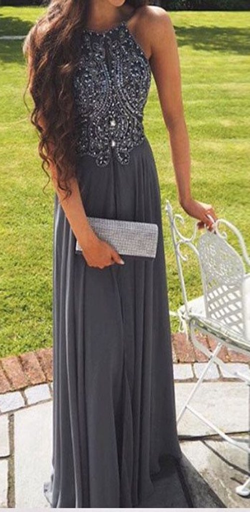 Hot Selling A-Line Prom Dress,Halter Gray Backless Prom Gown,Long Beading Prom Dress,Gray Evening Dress , PDY0180