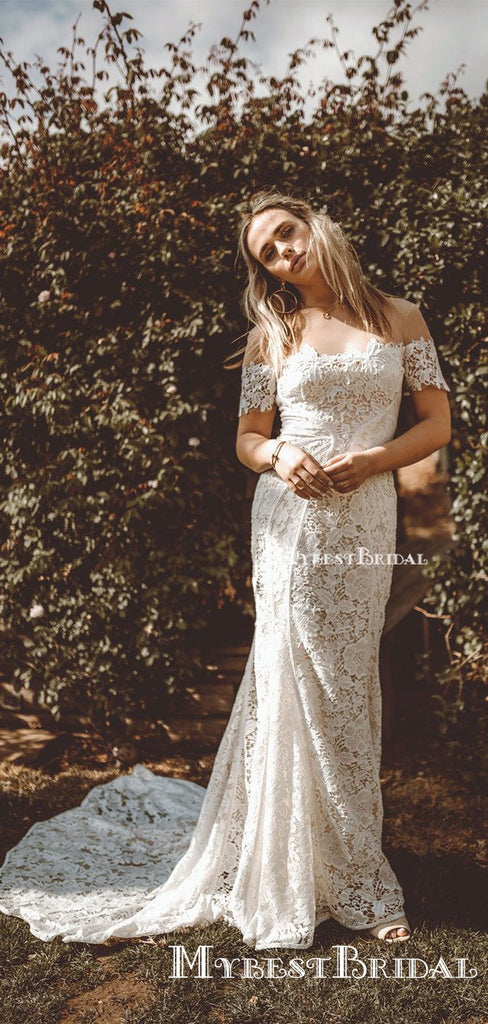 Off-The-Shoulder Charming Elegant Long Cheap Lace Mermaid Wedding Dresses, TYP0092