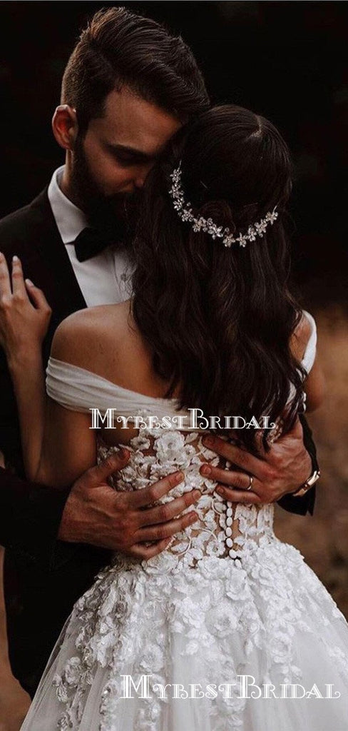 Off-The-Shoulder Lace Appliqued Tulle A-line Long Cheap Wedding Dresses, WDS0040