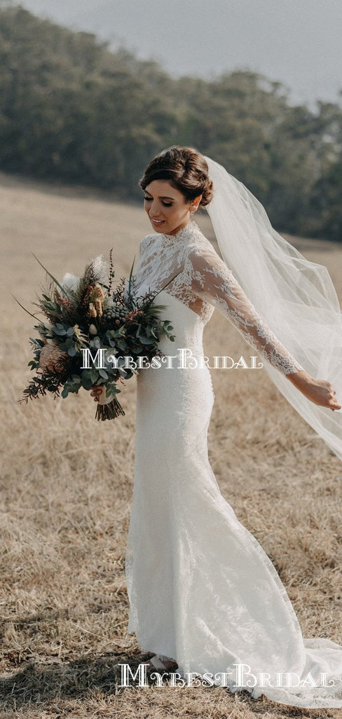 Romantic High Neck Long Sleeves Lace Mermaid Long Cheap Wedding Dresses, WDS0019