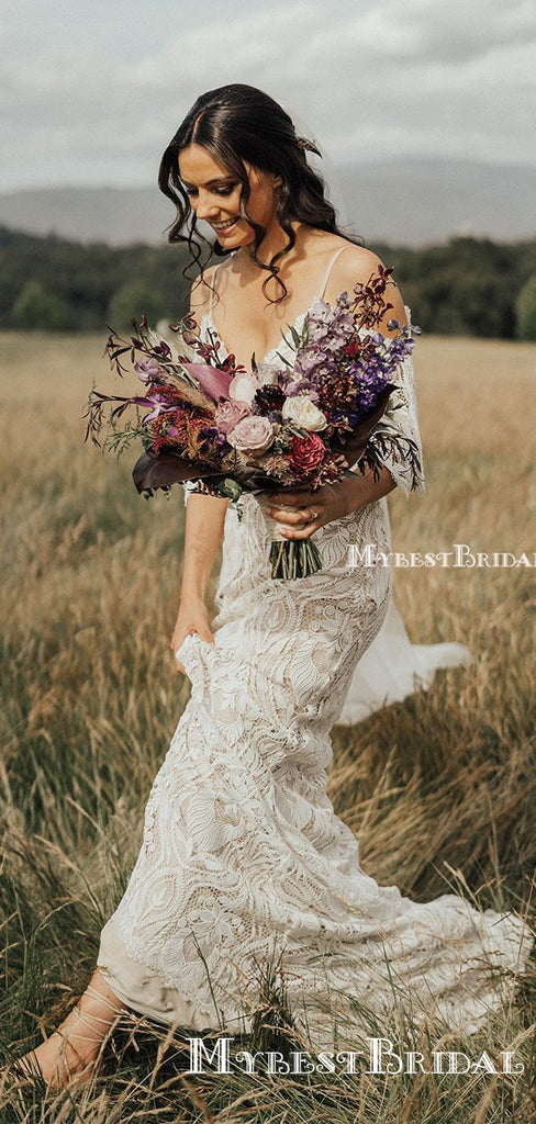 Romantic Spaghetti Straps V-neck Lace Mermaid Long Cheap Wedding Dresses, WDS0012