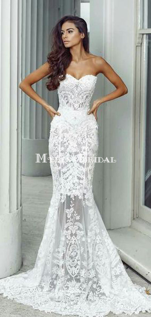 Charming Sweetheart Long Mermaid Lace Wedding Dresses, Sexy Backless Tulle Bridal Gown, WDY0117