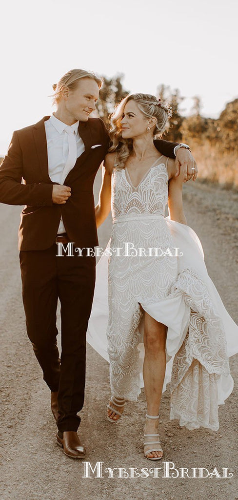 Newest V-neck Off-White Lace Mermaid Long Cheap Wedding Dresses, WDS0016