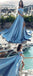 Blue Off Shoulder Prom Dresses, Side Slit Prom Dresses, Cheap A-line Prom Dresses, BG0403