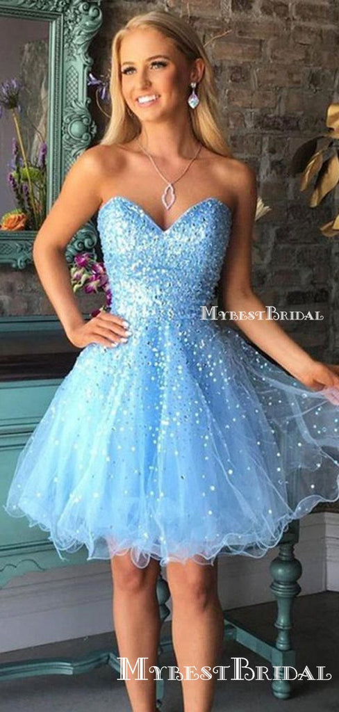 Sweetheart Charming Light Blue Organza Beaded A-line Short Cheap Homecoming Dresses, HDS0006