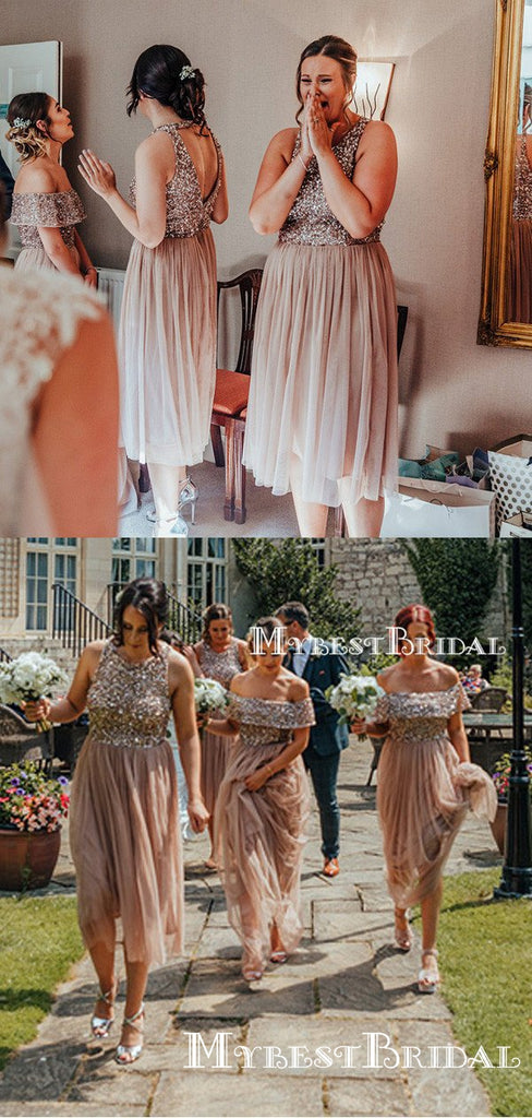 Mismatched Champagne Tulle Top Sequin Charming Cheap Wedding Party Bridesmaid Dresses, TYP0107