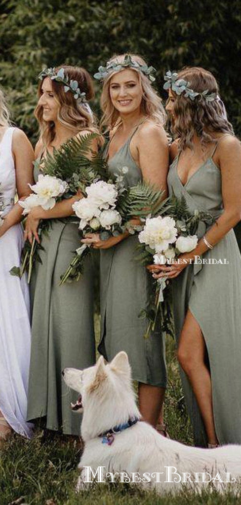 Mismatched Dusty Green A-line Long Cheap Wedding Party Bridesmaid Dresses, BDS0014