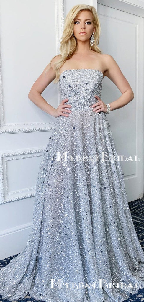New Arrival Sparkly Sequin Strapless Sleeveless A-line Long Cheap Formal Evening Prom Dresses, TYP0140