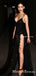 Sexy V-neck Spaghetti Strap Black See-through Lace Side Slit Long Cheap Evening Prom Dresses, PDS0066