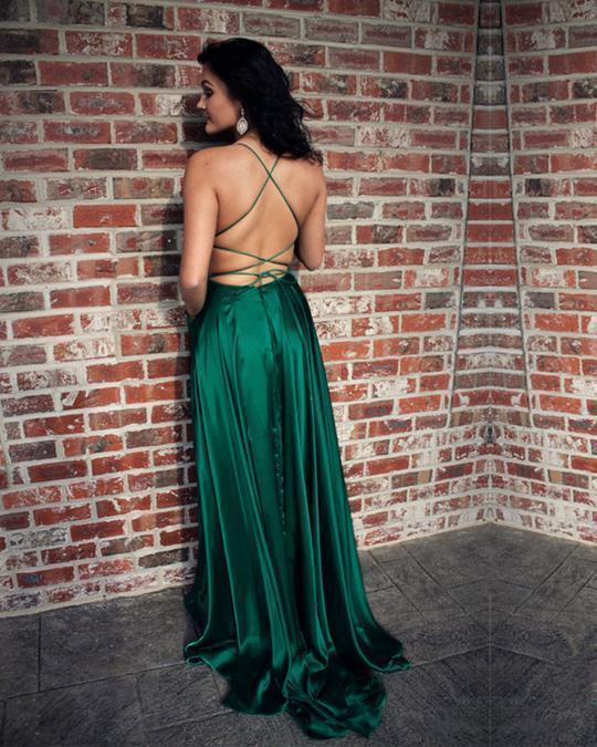 Green Satin Prom Dresses, Side Slit Prom Dresses, Cheap Prom Dresses, Long Prom Dresses, BG0418