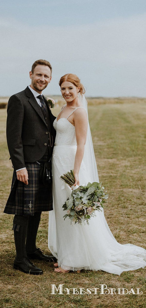 Elegant Spaghetti Strap Long Cheap Tulle Wedding Dresses With Beaded, TYP0018