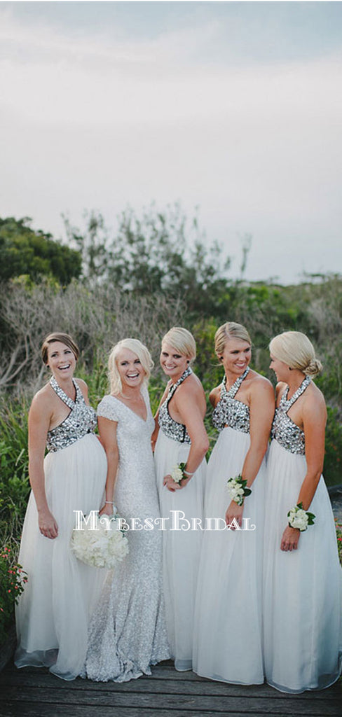 Halter White Chiffon Sliver Beaded A-line Cheap Bridesmaid Dresses, BDS0102