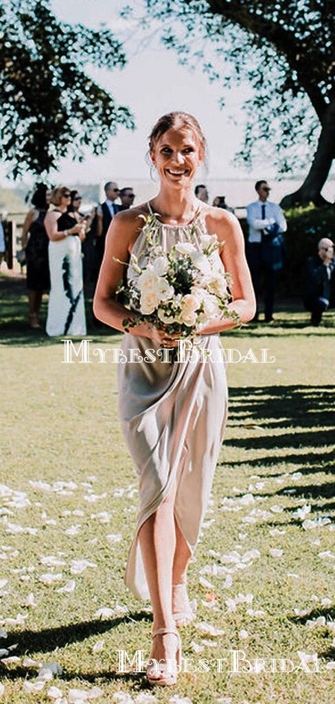 Mismatched Grey Halter Double Fdy A-line Long Cheap Bridesmaid Dresses, BDS0074