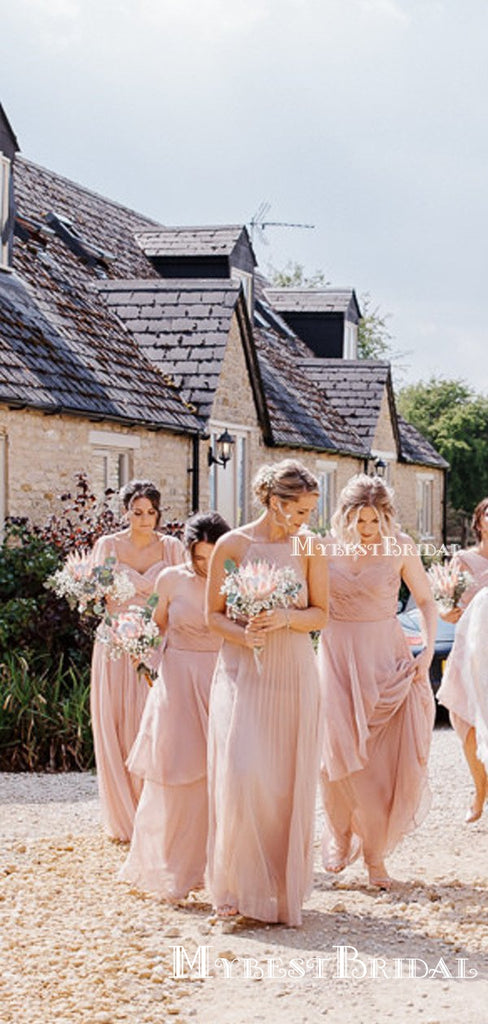 Mismatched Charming Simple Pink Chiffon A-line Long Cheap Bridesmaid Dresses, BDS0036