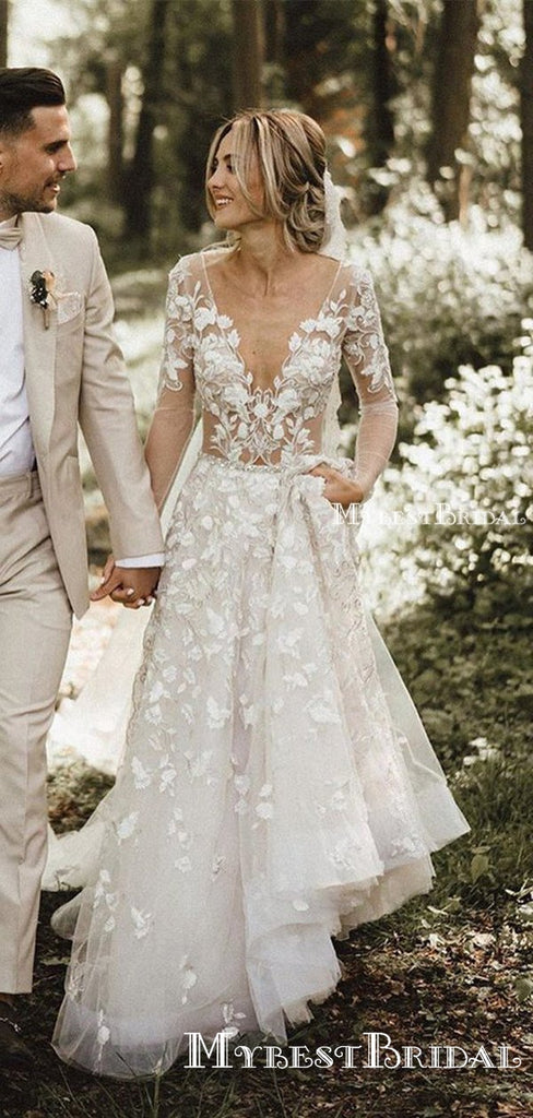 Romantic A-line Long Sleeves Lace Bridal Gowns Long Cheap Wedding Dresses, WDS0010