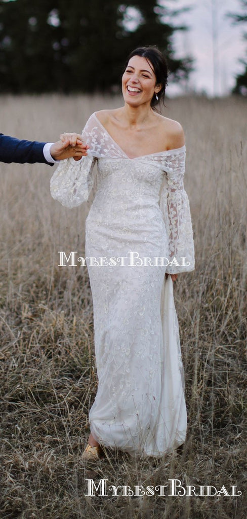 Unique Design Off-The-Shoulder Long Sleeves Lace Mermaid Long Cheap Wedding Dresses, WDS0017