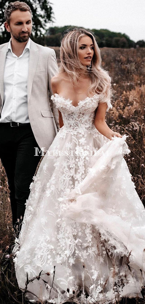 Romantic Off-The-Shoulder Lace Appliqued Long Cheap Wedding Dresses, WDS0046